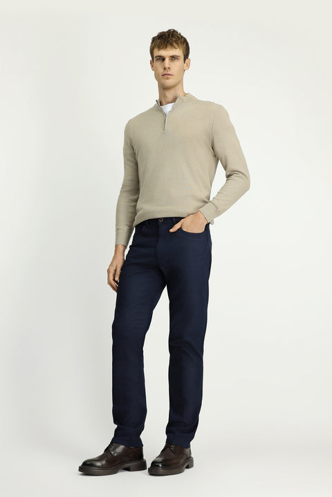 Medium Navy Regular Fit Standard Cut Patterned Lycra Canvas / Chino Trousers