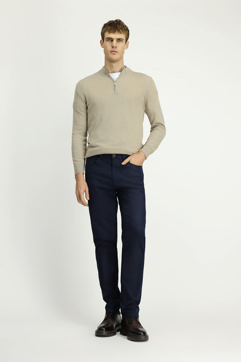Mid Navy Slim Fit Patterned Stretch Canvas / Chino Trousers