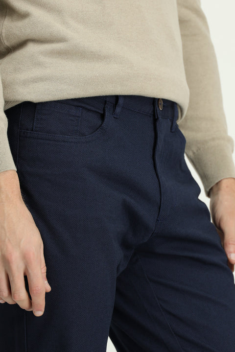 Mid Navy Slim Fit Patterned Stretch Canvas / Chino Trousers
