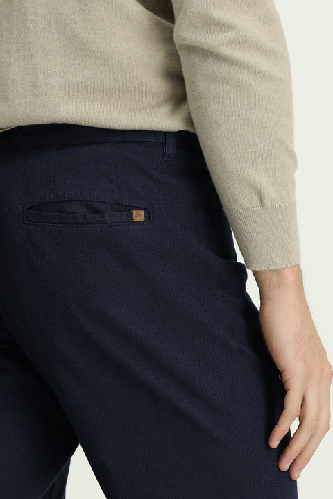 Mid Navy Slim Fit Patterned Stretch Canvas / Chino Trousers