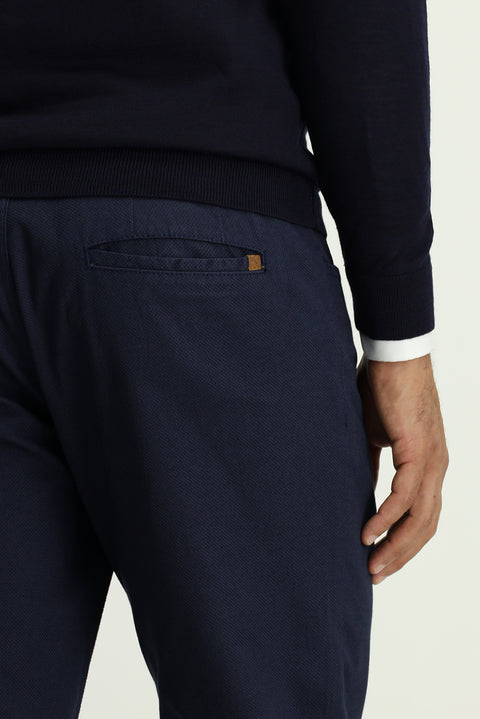 Medium Navy Regular Fit Standard Cut Patterned Lycra Canvas / Chino Trousers