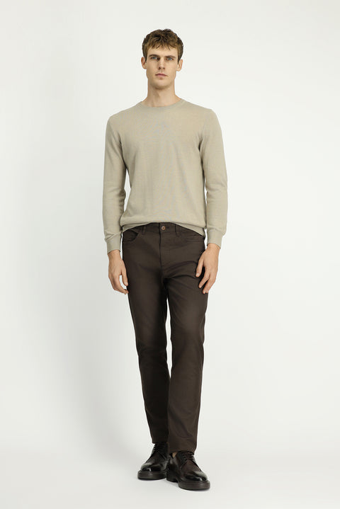 Mid Coffee Slim Fit Patterned Stretchy Canvas / Chino Trousers