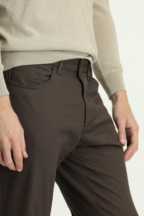 Orta Kahve Regular Fit Standart Kesim Desenli Likralı Kanvas / Chino Pantolon