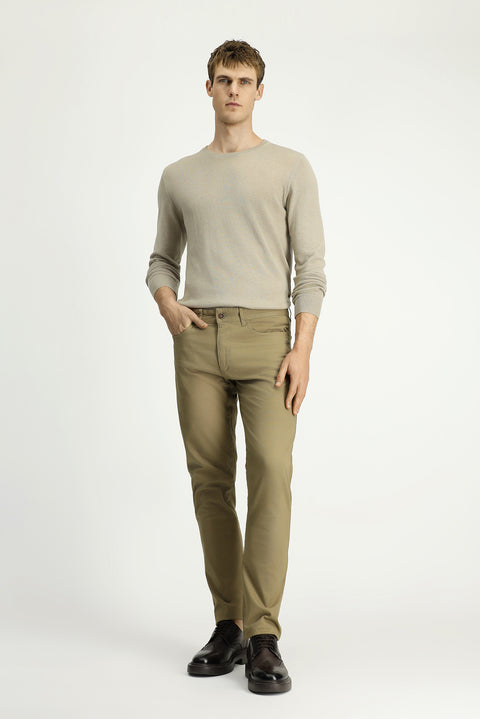 Mid Beige Regular Fit Standard Cut Patterned Lycra Canvas / Chino Trousers