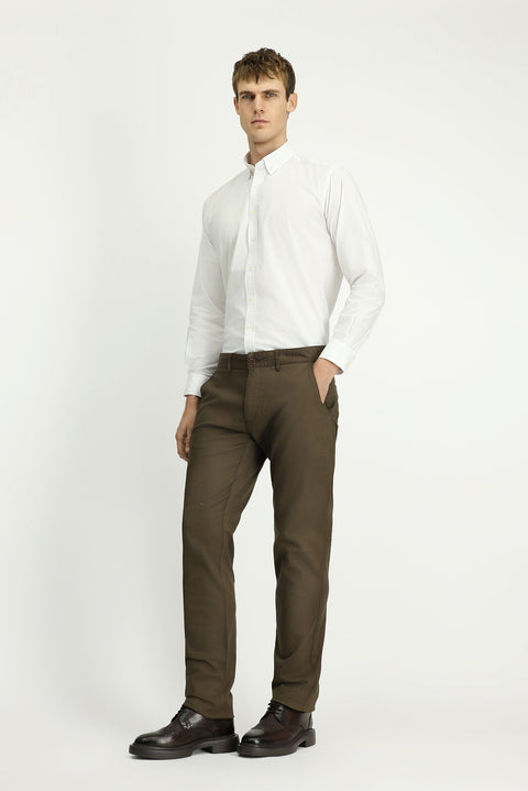 Koyu Haki Regular Fit Standart Kesim Desenli Likralı Kanvas / Chino Pantolon