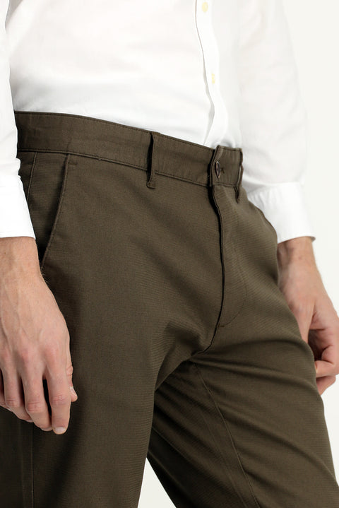 Koyu Haki Regular Fit Standart Kesim Desenli Likralı Kanvas / Chino Pantolon