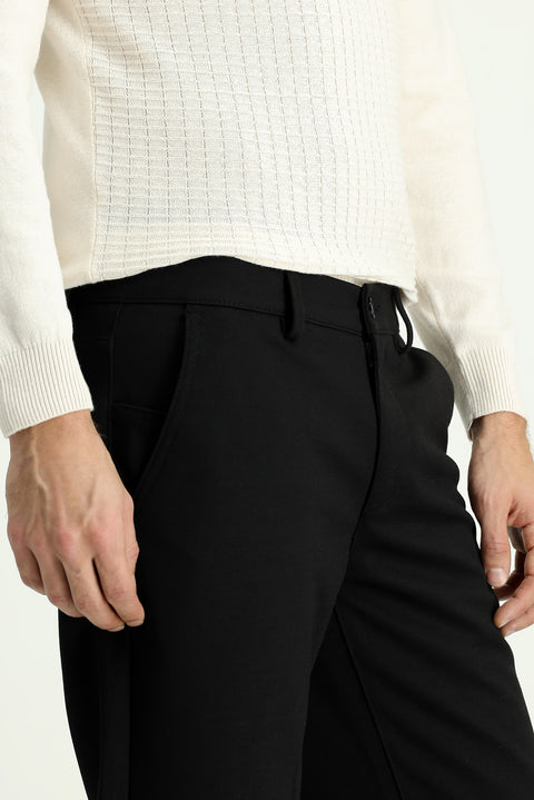 Siyah 7 Drop Slim Fit Dar Kesim Likralı Örme Klasik Kumaş Pantolon