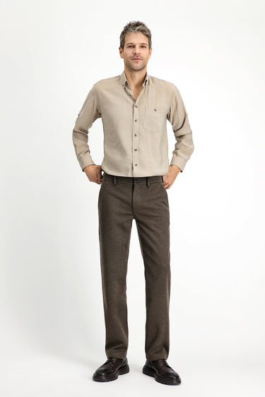 Koyu Vizon Slim Fit Dar Kesim Likralı Örme Klasik Kumaş Pantolon