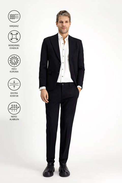 Siyah Techno-Line 7 Drop Slim Fit Dar Kesim Likralı Örme Klasik Kumaş Pantolon