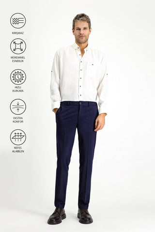  Orta Lacivert Techno-Line Slim Fit Dar Kesim Likralı Örme Klasik Kumaş Pantolon