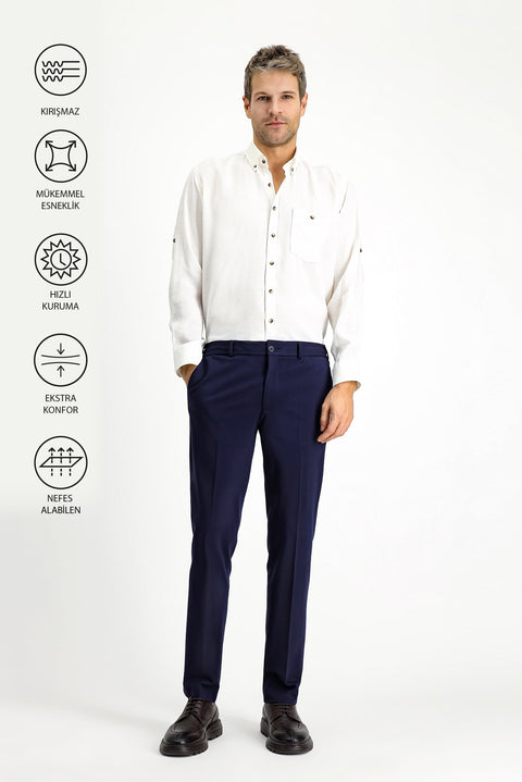 Orta Lacivert Techno-Line 7 Drop Slim Fit Dar Kesim Likralı Örme Klasik Kumaş Pantolon