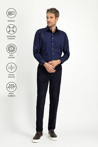  Koyu Lacivert Techno-Line Slim Fit Dar Kesim Likralı Örme Klasik Kumaş Pantolon