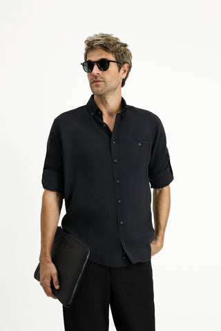  Siyah Uzun Kol Regular Fit Düğmeli Yaka Spor Gömlek