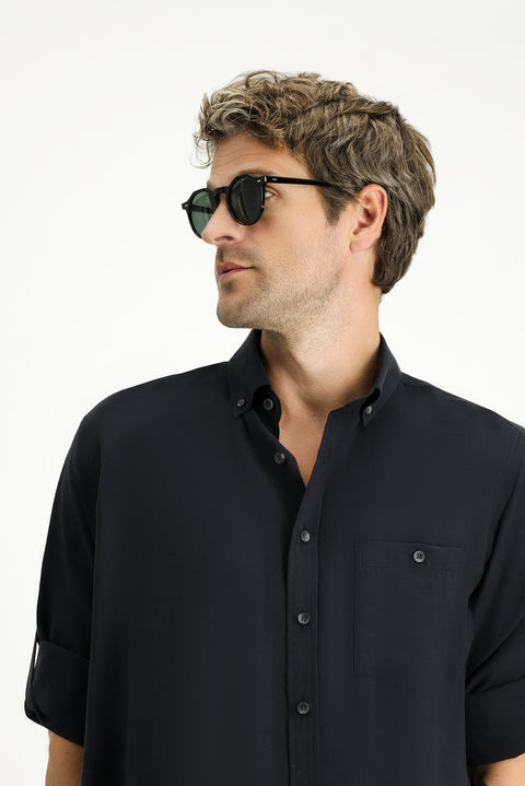 Siyah Uzun Kol Regular Fit Düğmeli Yaka Spor Gömlek