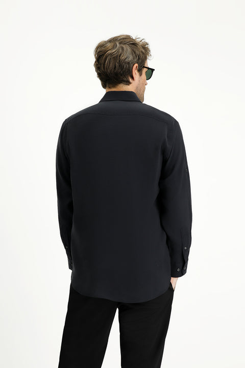 Siyah Uzun Kol Regular Fit Düğmeli Yaka Spor Gömlek