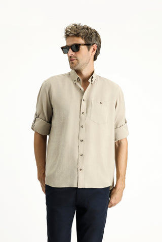  Koyu Bej Uzun Kol Regular Fit Düğmeli Yaka Spor Gömlek