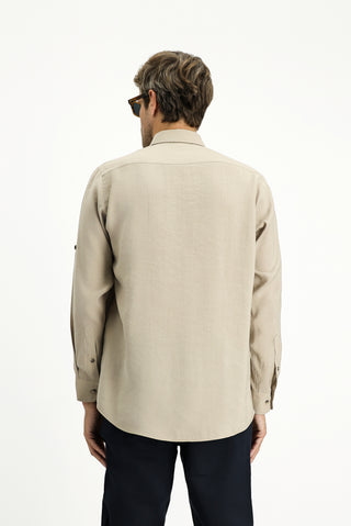  Koyu Bej Uzun Kol Regular Fit Düğmeli Yaka Spor Gömlek