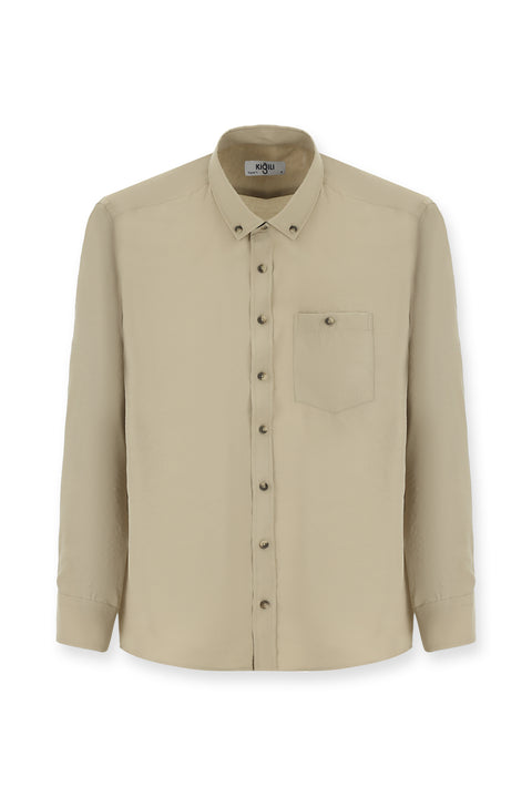 Koyu Bej Uzun Kol Regular Fit Düğmeli Yaka Spor Gömlek