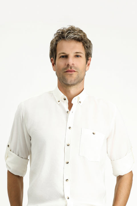 Ekru Uzun Kol Regular Fit Düğmeli Yaka Spor Gömlek