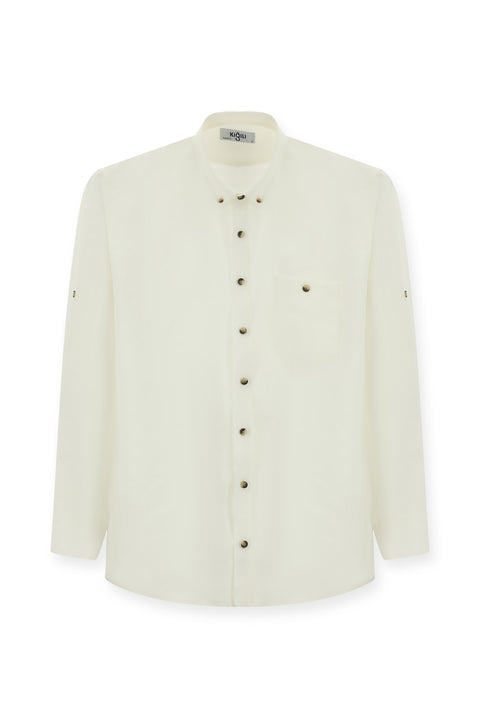 Ekru Uzun Kol Regular Fit Düğmeli Yaka Spor Gömlek