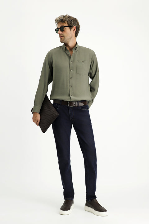 Orta Haki Uzun Kol Regular Fit Düğmeli Yaka Spor Gömlek