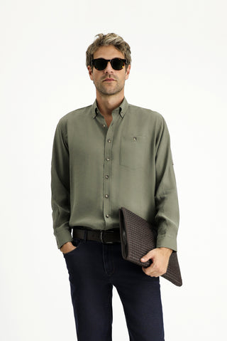  Orta Haki Uzun Kol Regular Fit Düğmeli Yaka Spor Gömlek