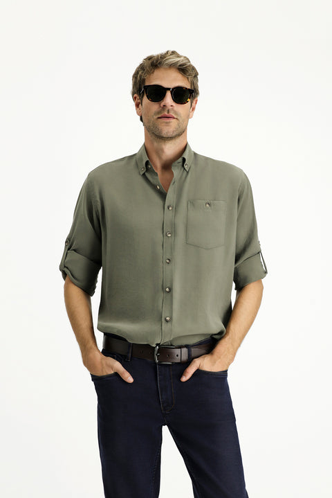 Orta Haki Uzun Kol Regular Fit Düğmeli Yaka Spor Gömlek