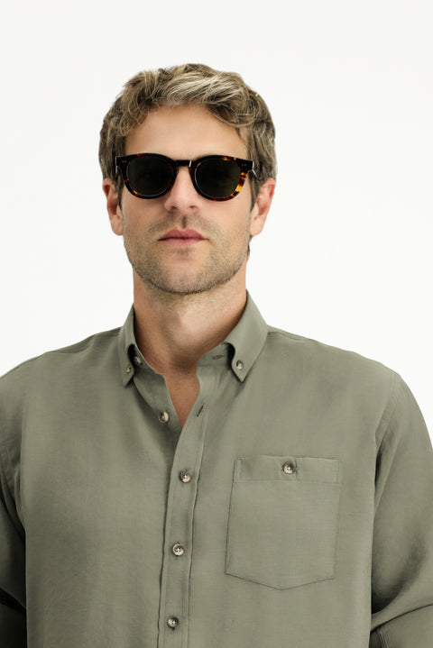 Orta Haki Uzun Kol Regular Fit Düğmeli Yaka Spor Gömlek