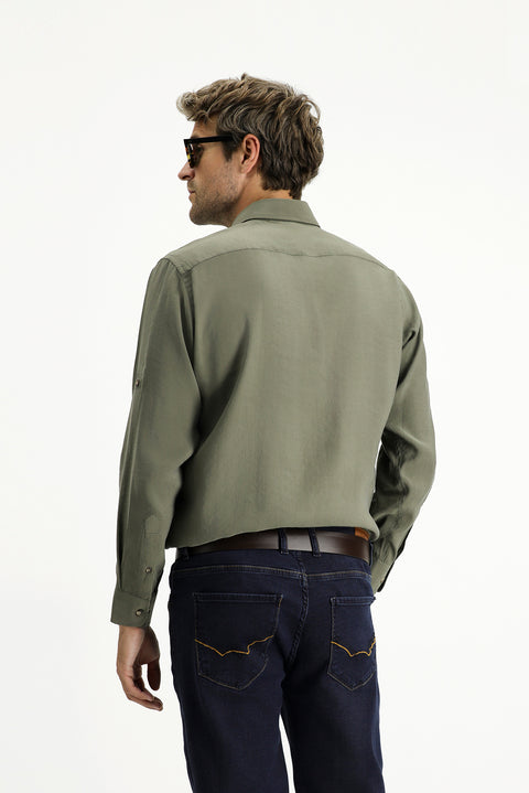 Orta Haki Uzun Kol Regular Fit Düğmeli Yaka Spor Gömlek