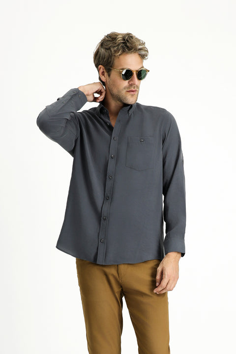 Orta Antrasit Uzun Kol Regular Fit Düğmeli Yaka Spor Gömlek