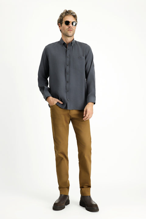 Orta Antrasit Uzun Kol Regular Fit Düğmeli Yaka Spor Gömlek