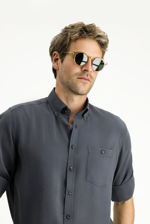 Orta Antrasit Uzun Kol Regular Fit Düğmeli Yaka Spor Gömlek