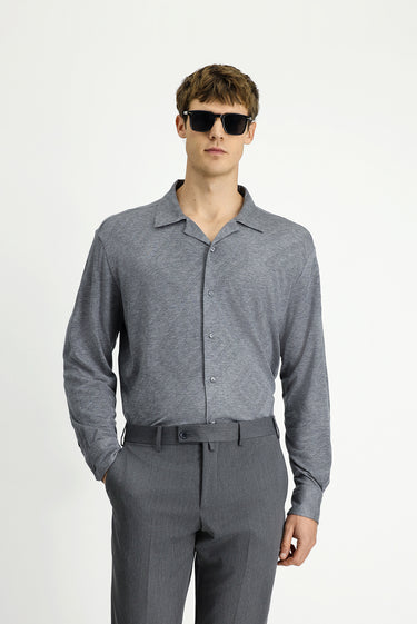 Orta Gri Uzun Kol Regular Fit Desenli Örme Spor Gömlek