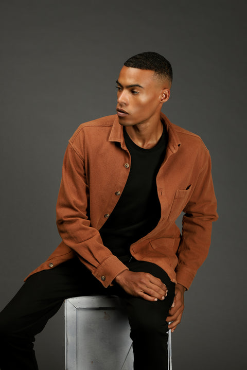 Orta Kahve Uzun Kol Oversize Desenli Shacket Pamuk Gömlek / Mont