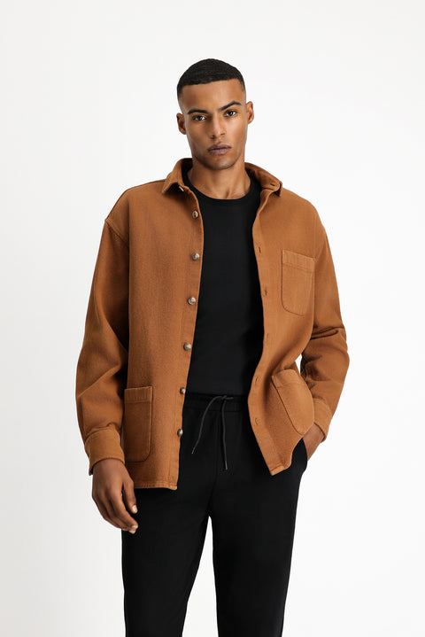 Orta Kahve Uzun Kol Oversize Desenli Shacket Pamuk Gömlek / Mont