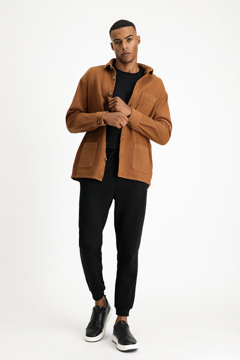 Orta Kahve Uzun Kol Oversize Desenli Shacket Pamuk Gömlek / Mont