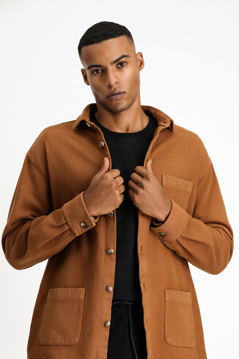 Orta Kahve Uzun Kol Oversize Desenli Shacket Pamuk Gömlek / Mont