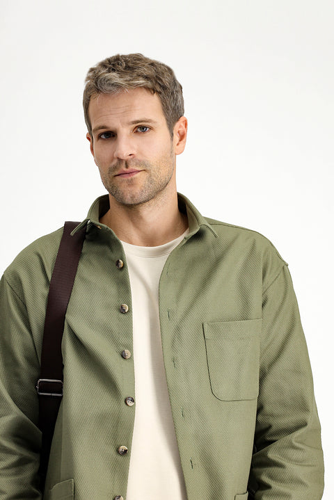 Açık Haki Uzun Kol Oversize Desenli Shacket Pamuk Gömlek / Mont