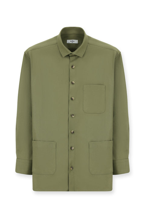 Açık Haki Uzun Kol Oversize Desenli Shacket Pamuk Gömlek / Mont