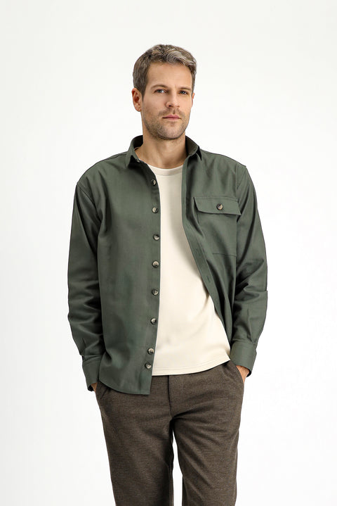 Orta Haki Uzun Kol Oversize Desenli Pamuk Gömlek / Mont