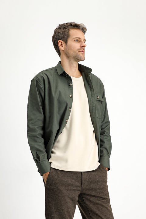 Orta Haki Uzun Kol Oversize Desenli Pamuk Gömlek / Mont