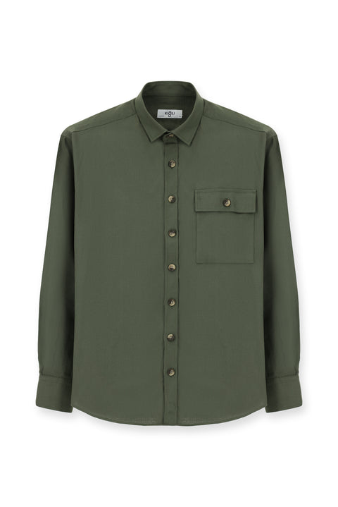 Orta Haki Uzun Kol Oversize Desenli Pamuk Gömlek / Mont