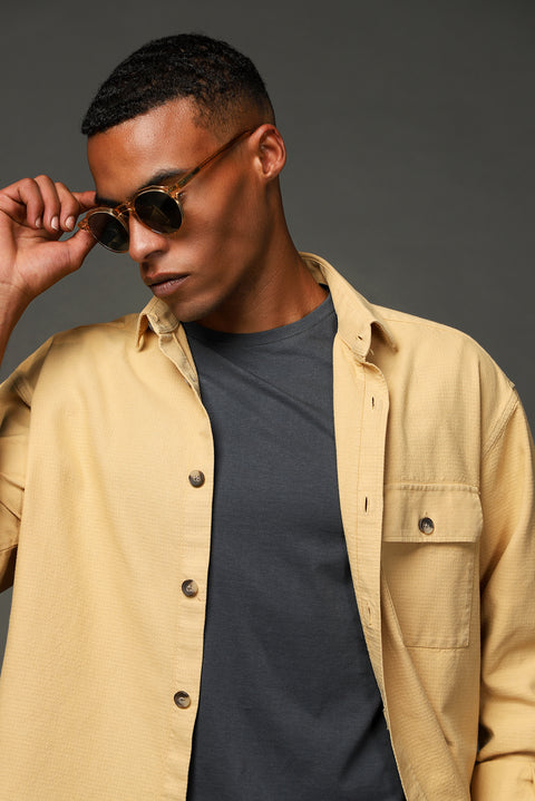 Hardal Uzun Kol Oversize Desenli Pamuk Gömlek / Mont