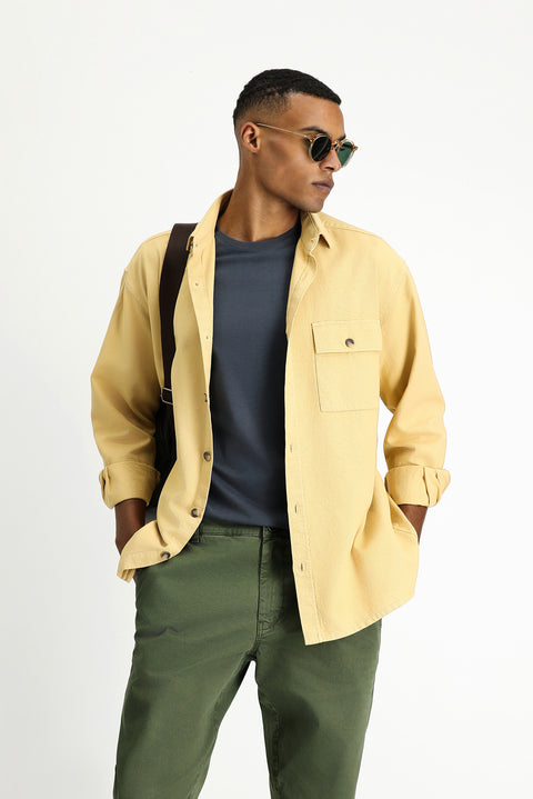 Hardal Uzun Kol Oversize Desenli Pamuk Gömlek / Mont