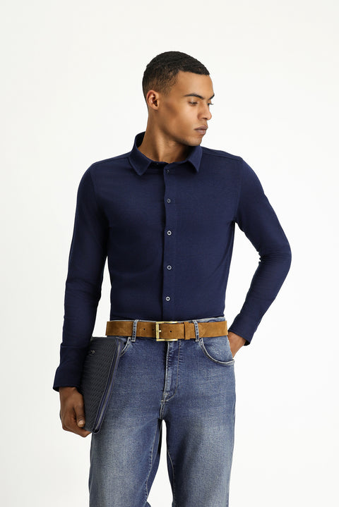 Koyu Lacivert Uzun Kol Regular Fit Çizgili Örme Pamuk Gömlek