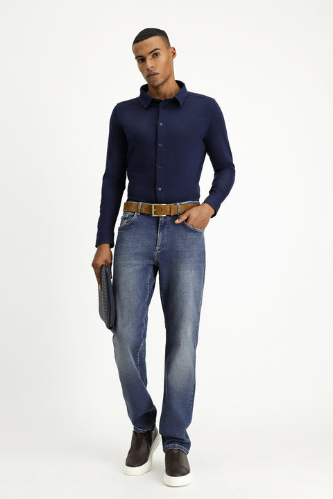 Koyu Lacivert Uzun Kol Regular Fit Çizgili Örme Pamuk Gömlek