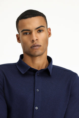  Koyu Lacivert Uzun Kol Regular Fit Çizgili Örme Pamuk Gömlek