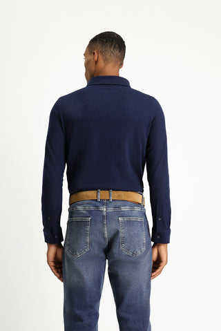  Koyu Lacivert Uzun Kol Regular Fit Çizgili Örme Pamuk Gömlek