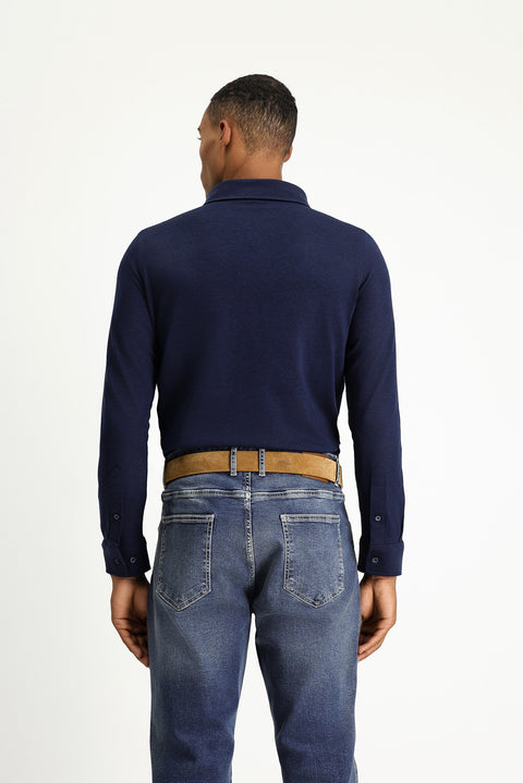 Koyu Lacivert Uzun Kol Regular Fit Çizgili Örme Pamuk Gömlek