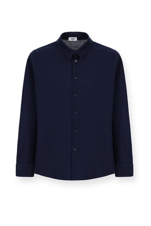 Koyu Lacivert Uzun Kol Regular Fit Çizgili Örme Pamuk Gömlek